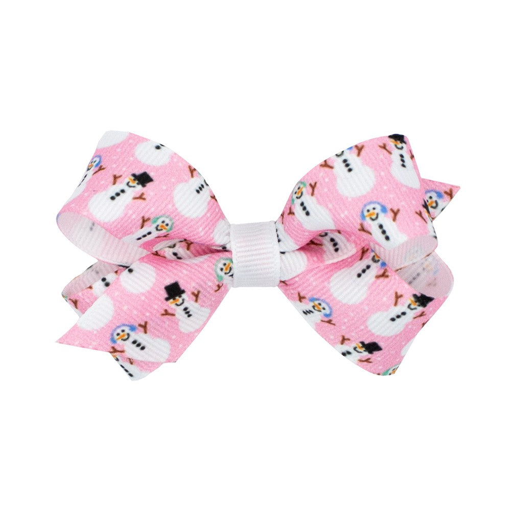 Wee Ones Girls Holiday Hair Bow - Snowman Print on Pink