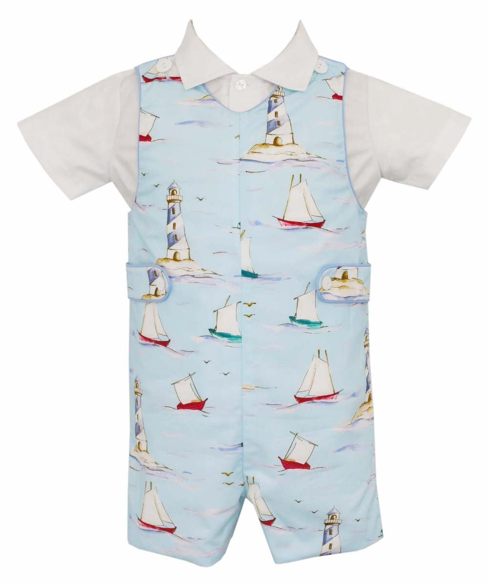 Anavini Baby / Toddler Boys Light Blue Sailboat Print Shortall with Shirt by Anavini