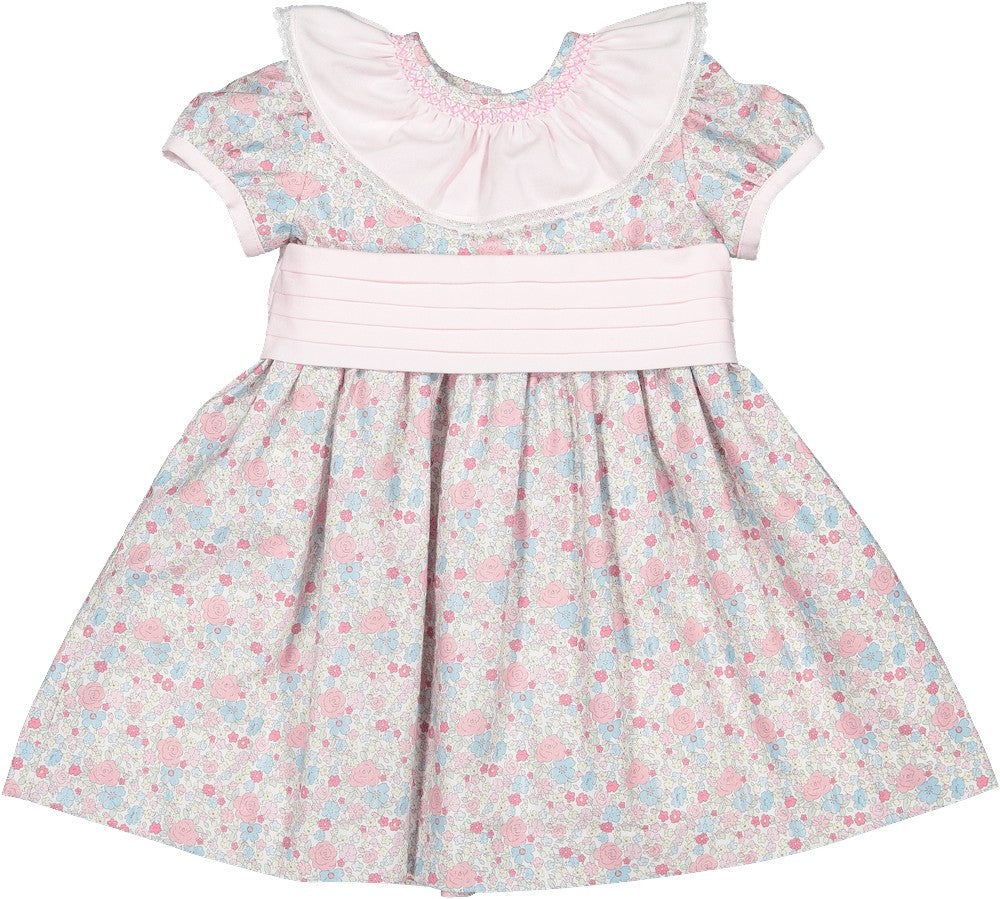 Sal & Pimenta Girls Dress - Pink Bouquet Floral with Sash - Smocked Collar