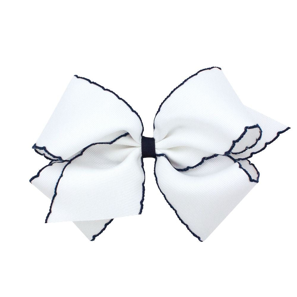 Wee Ones Girls Classic Moonstitch Bow on Clip - White with Navy Blue by Wee Ones