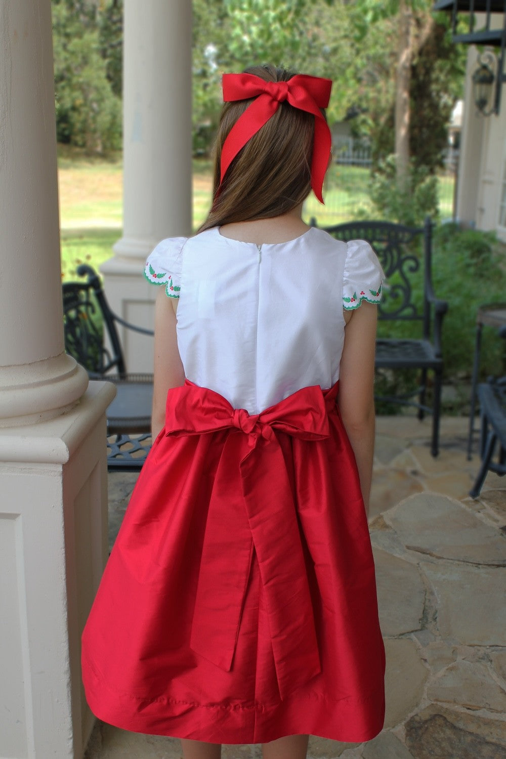 Susanne Lively Girls Red Christmas Party Dress - White Bodice - Holly Embroidery Details