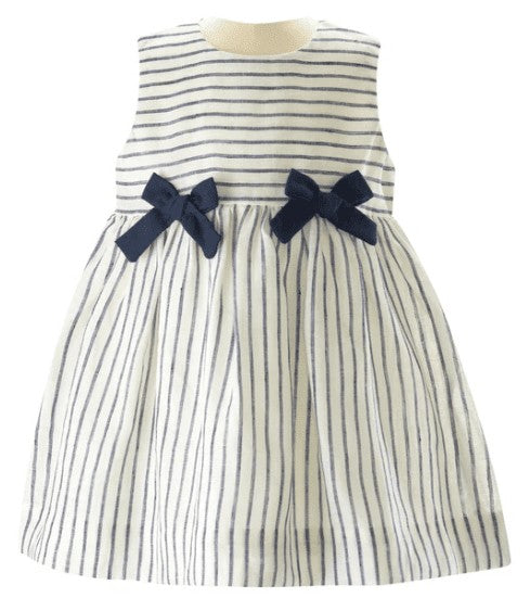 Rachel Riley London Baby Girls Stripe Linen Navy Blue Bow Dress with Bloomers