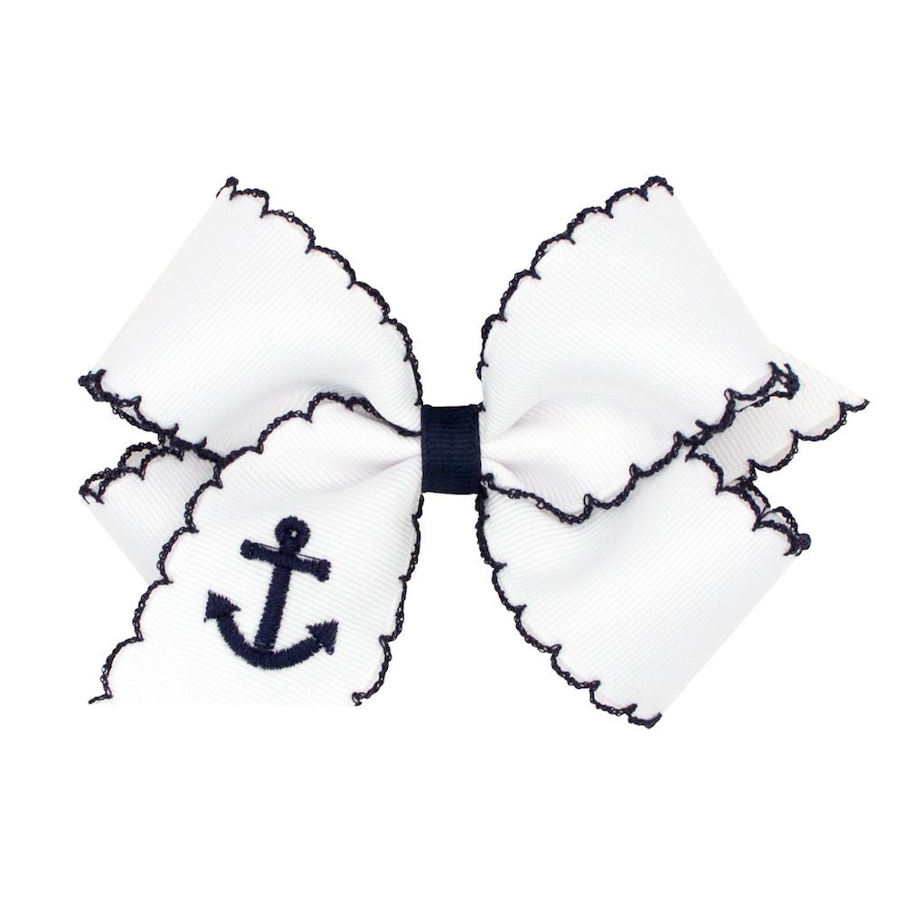 Wee Ones Girls Novelty Hair Bow - Moonstitch White with Navy Blue - Embroidered Anchor by Wee Ones