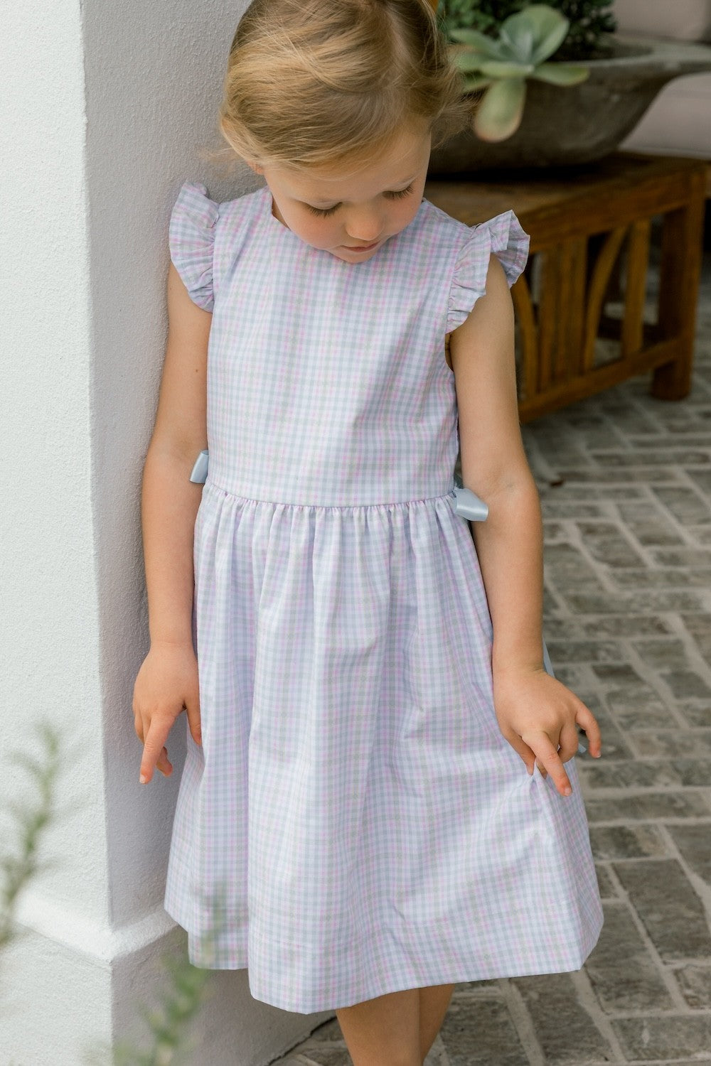 Bailey Boys Girls Easter Dress - Primrose Plaid - Blue Bows at Sides