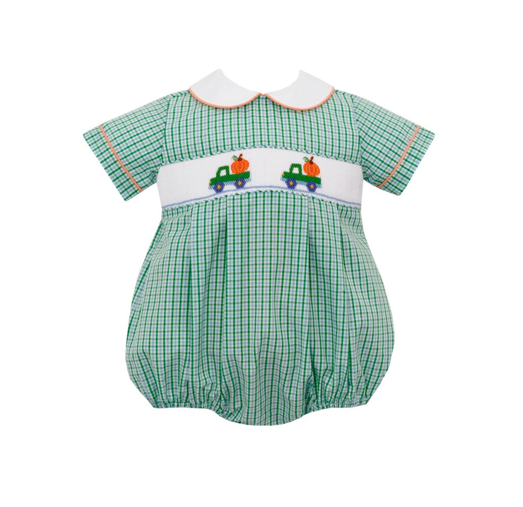 Petit Bebe Baby Boys Blue & Green Check Smocked Pumpkin Trucks Bubble by Petit Bebe