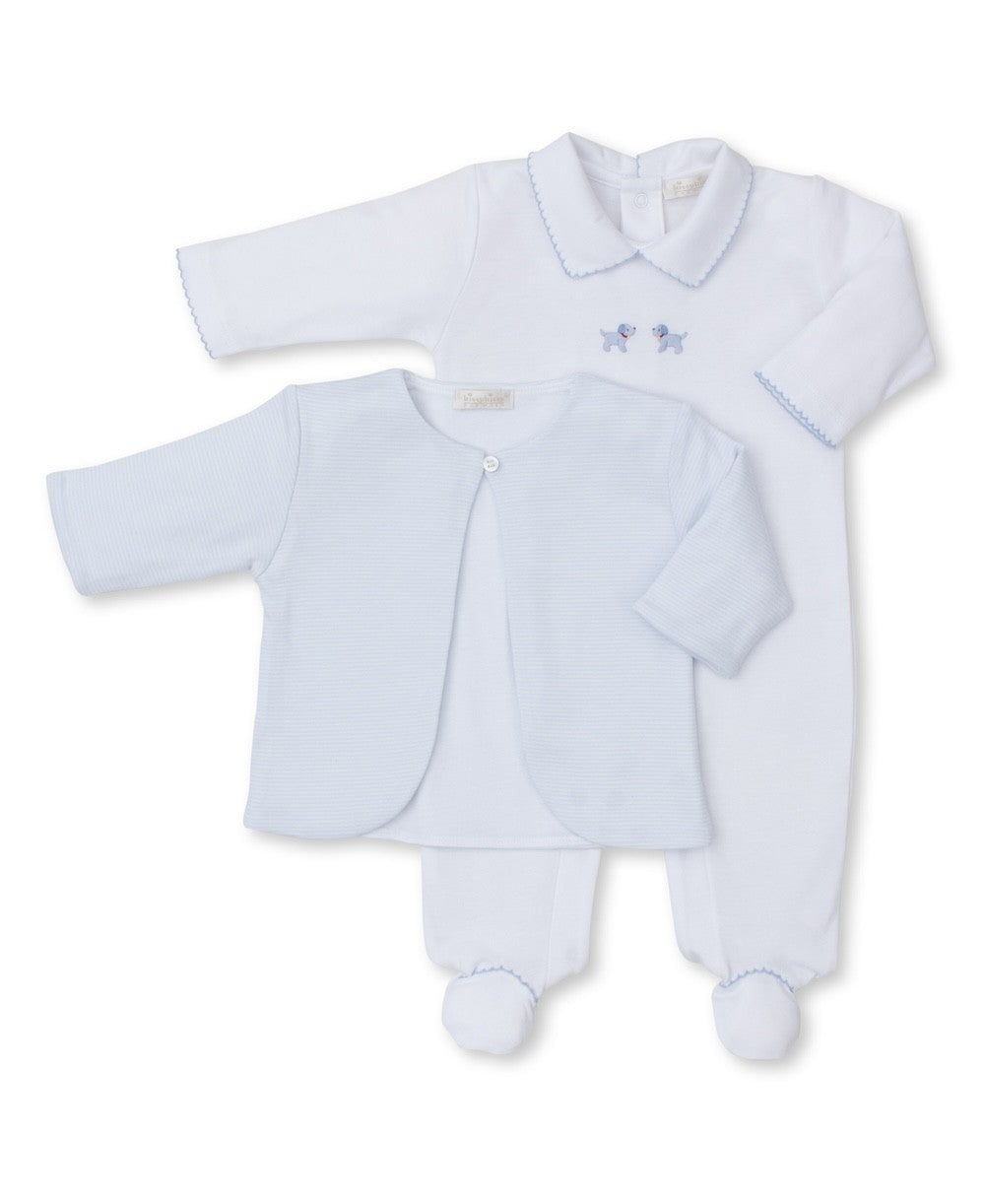 Kissy Kissy Baby Boys Light Blue Stripe Jacket with White Footie - Embroidered Puppy Dogs