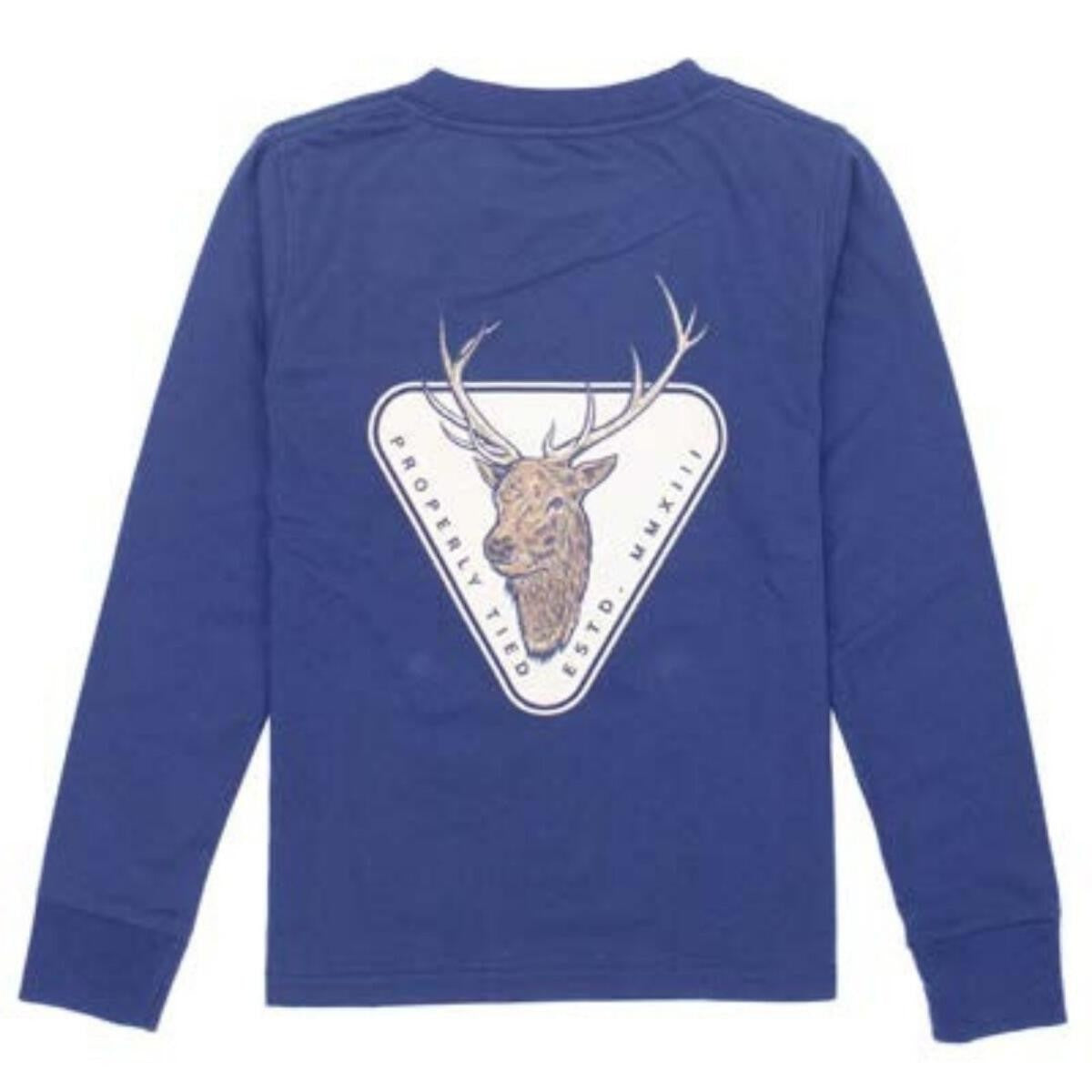 Properly Tied Tee Shirt - Logo Pocket - Back Graphic - Long Sleeves - Elk Badge on River Blue by Properly Tied