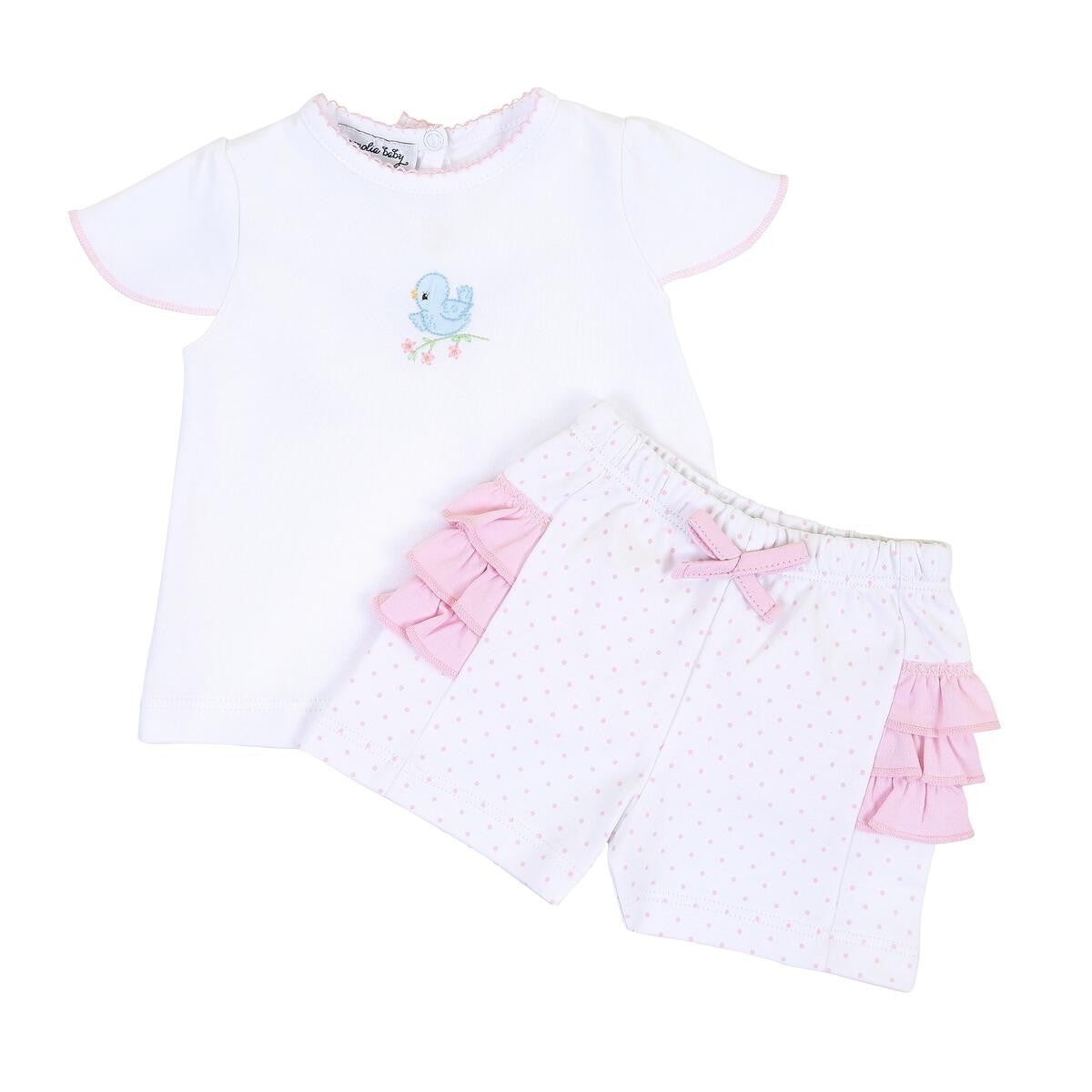 Magnolia Baby Girls Vintage Blue Bird Embroidered Ruffle Flutters Short Set