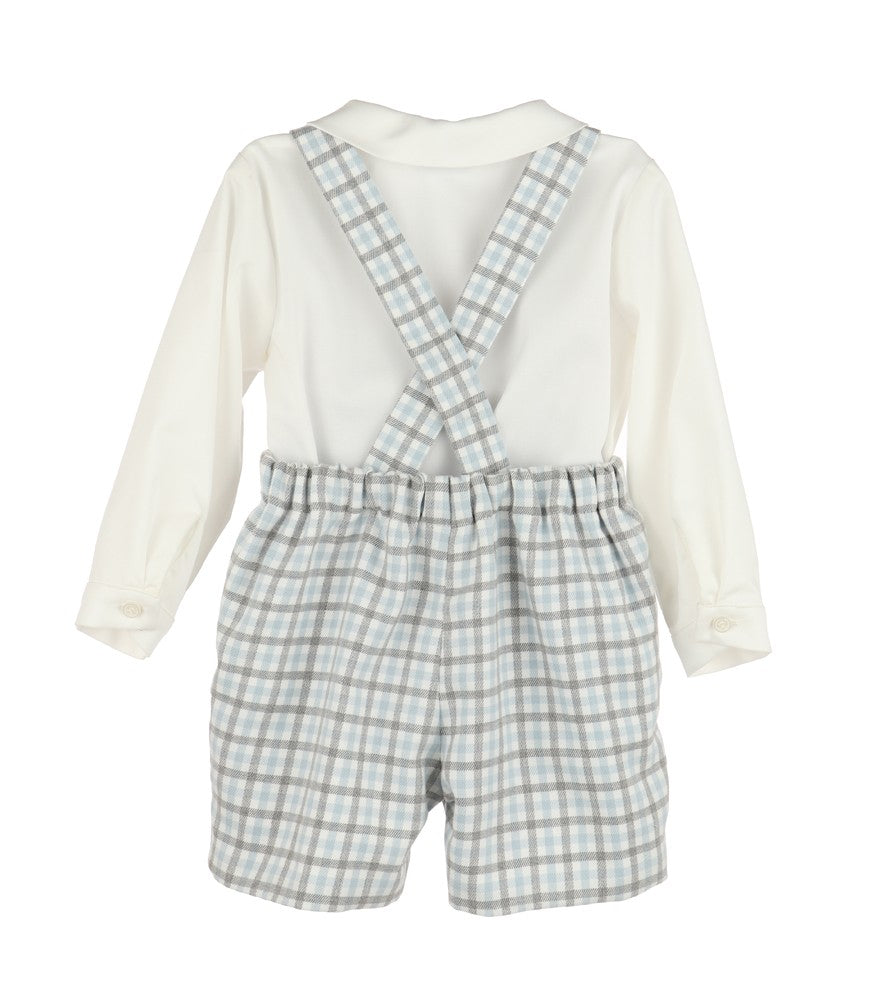 Luli & Me Boys Blue & Grey Check Suspender Shorts Set by Luli & Me