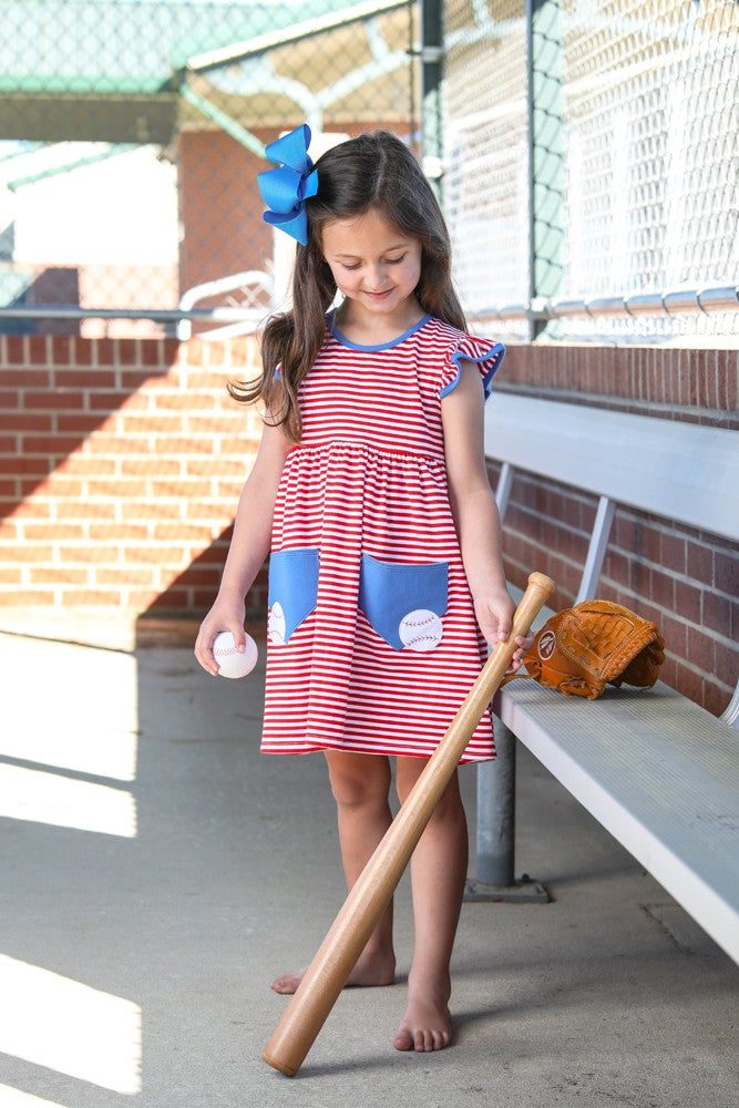 Trotter Street Kids Girls Red Baseball Pocket Dress