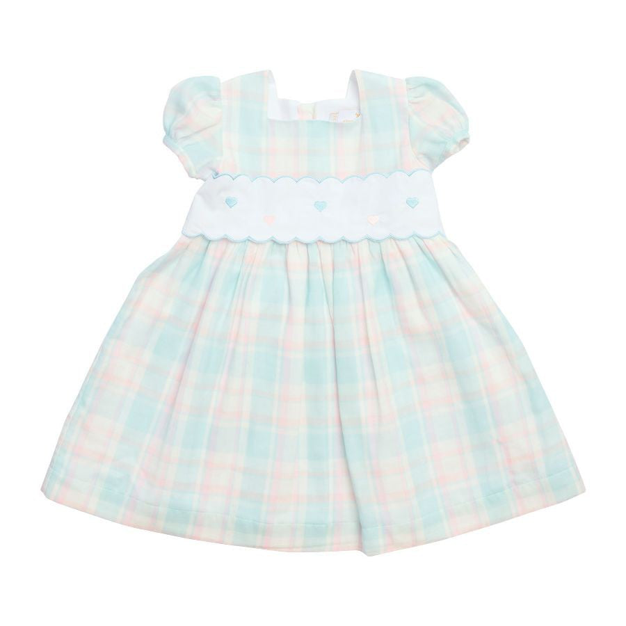 Sal & Pimenta Girls Dress - Pink & Blue Breeze Plaid - Embroidered Hearts & Sash