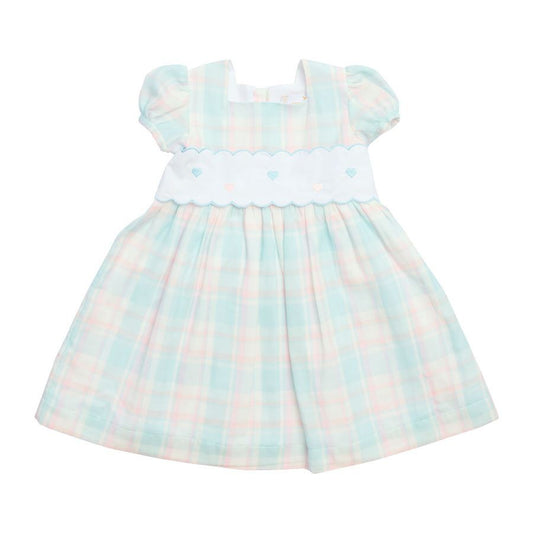 Sal & Pimenta Girls Dress - Pink & Blue Breeze Plaid - Embroidered Hearts & Sash