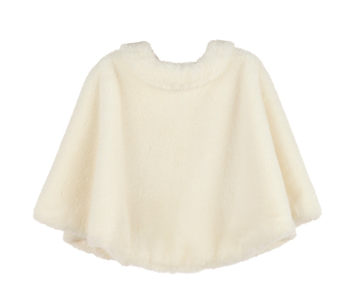 Luli & Me Girls Ivory Cozy Fuzzy Faux Fur Cape - Pom Poms