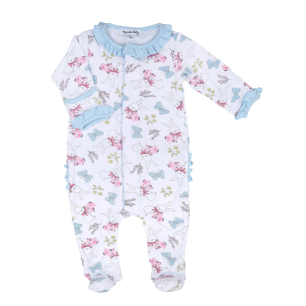 Magnolia Baby Girls Blue Bunny Love Printed Ruffle Footie