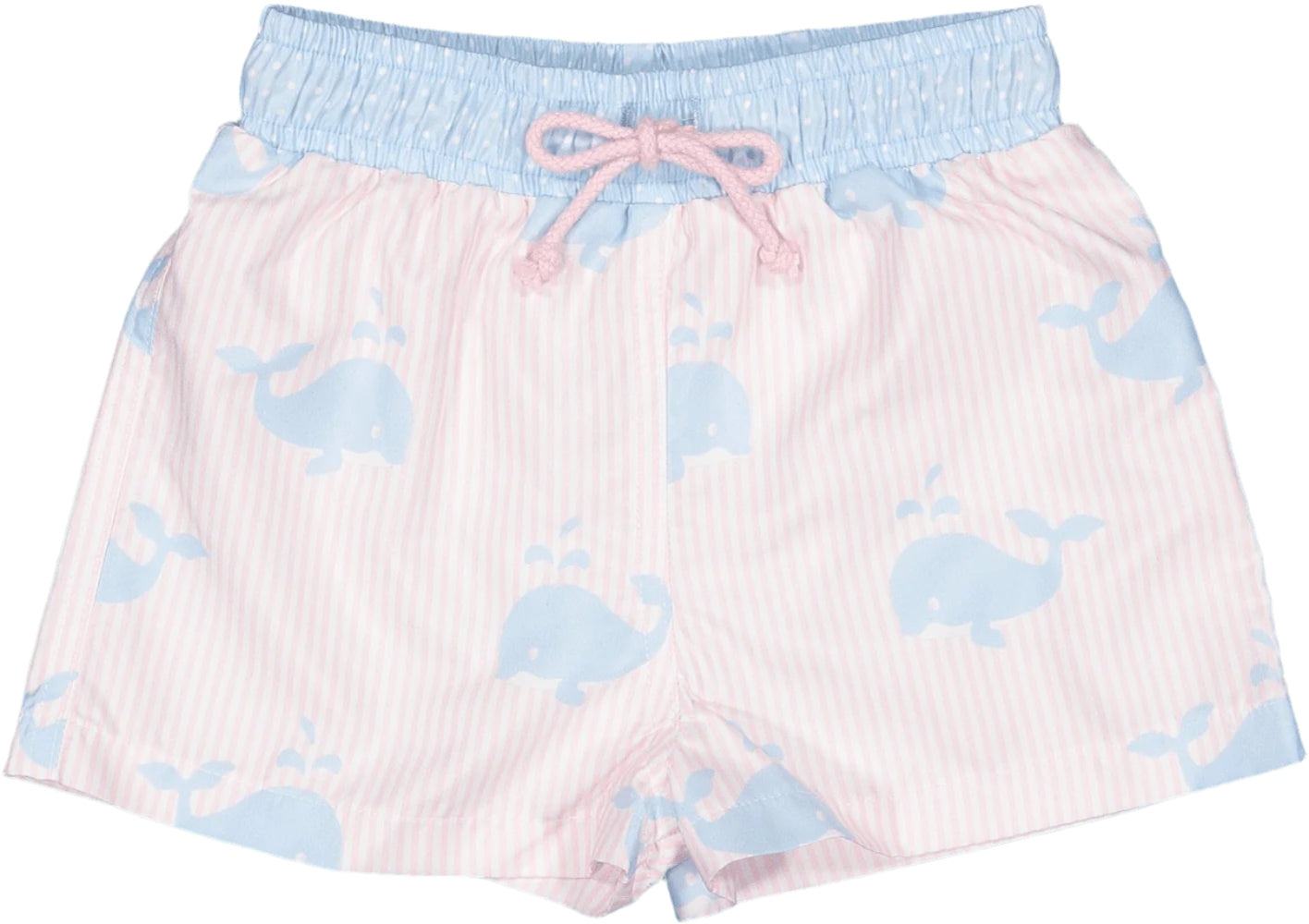 Sal & Pimenta Boys Swim Trunks - Think Big Pink with Blue Whales - Pocket on Back