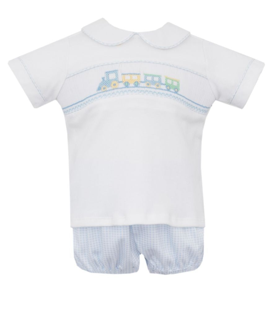 Petit Bebe Knits Blue Gingham Baby Boys Shorts Set - Smocked Train by Petit Bebe