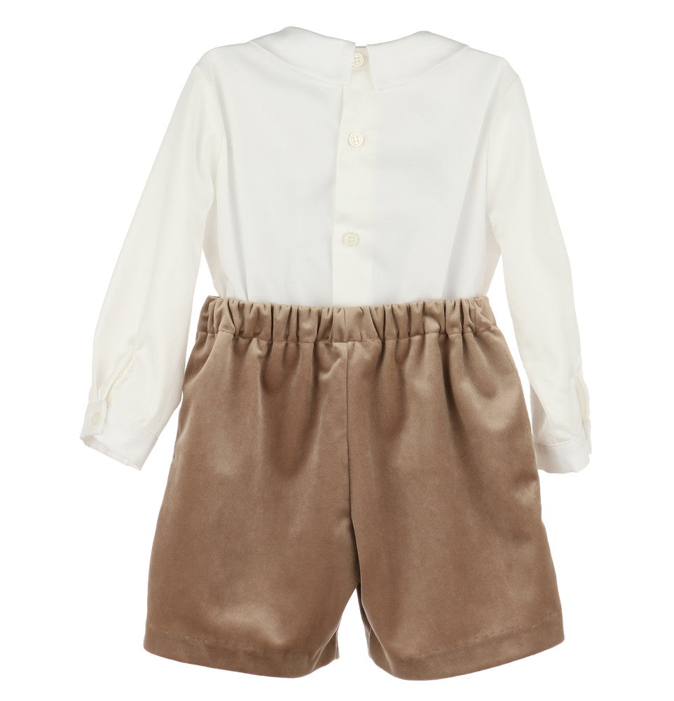 Luli & Me Boys Dressy Shorts & Shirt Set - Velvet - Beige Champagne by Luli & Me