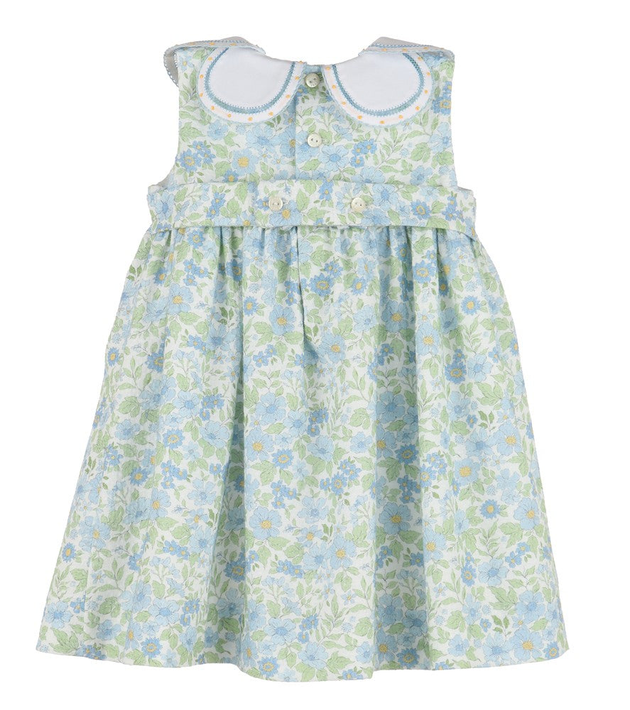 Luli & Me Girls Ocean Blue Floral Sleeveless Dress - Embroidered Petal Collar