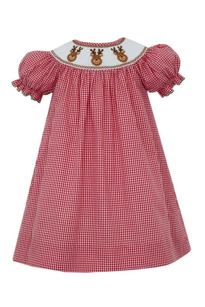 Anavini Velani Girls Red Gingham Bishop Dress - Smocked Reindeer Faces