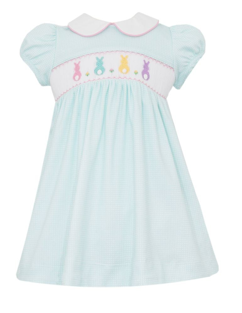 Petit Bebe Knits Girls Aqua Check Smocked Cottontail Bunny Dress with Collar by Petit Bebe