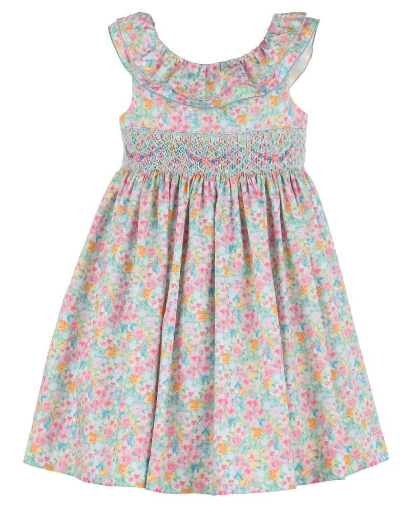 Luli & Me Girls Fuchsia Pink Watercolor Wildflowers Floral Smocked Dress - Ruffle Neck