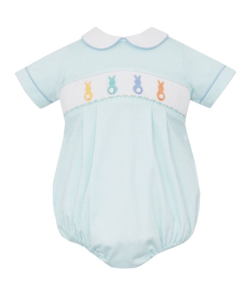 Petit Bebe Knits Baby Boys Aqua Check Smocked Cottontail Bunny Bubble