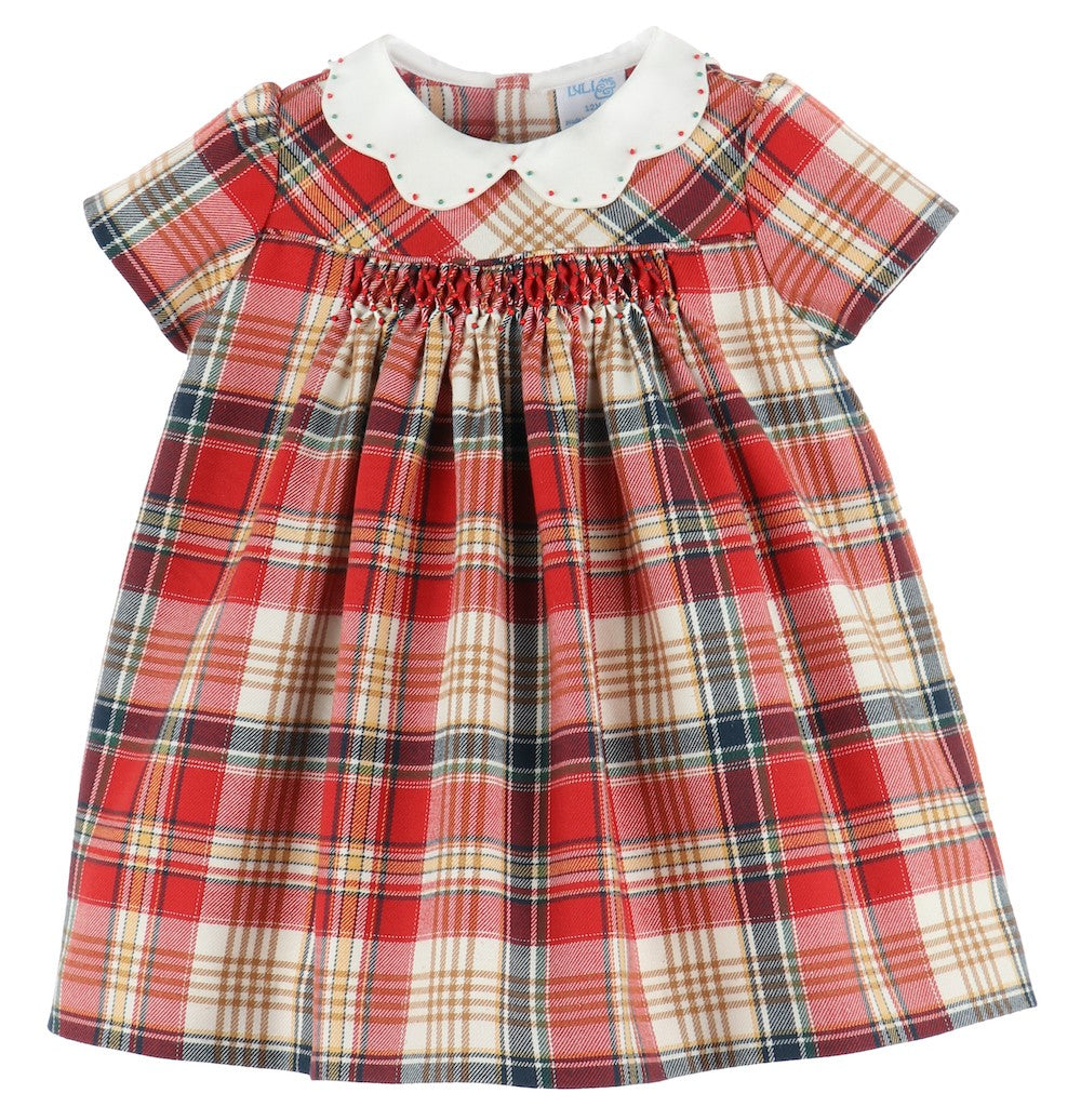 Luli & Me Baby / Toddler Girls Red Holiday Plaid Smocked Dress - Scallop Collar
