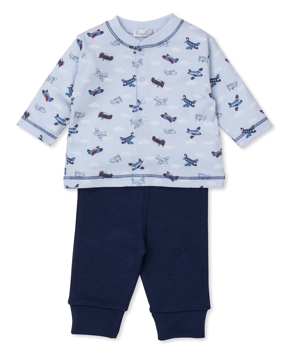 Kissy Kissy Baby Boys Navy Blue Pants with Sky High Airplanes Shirt