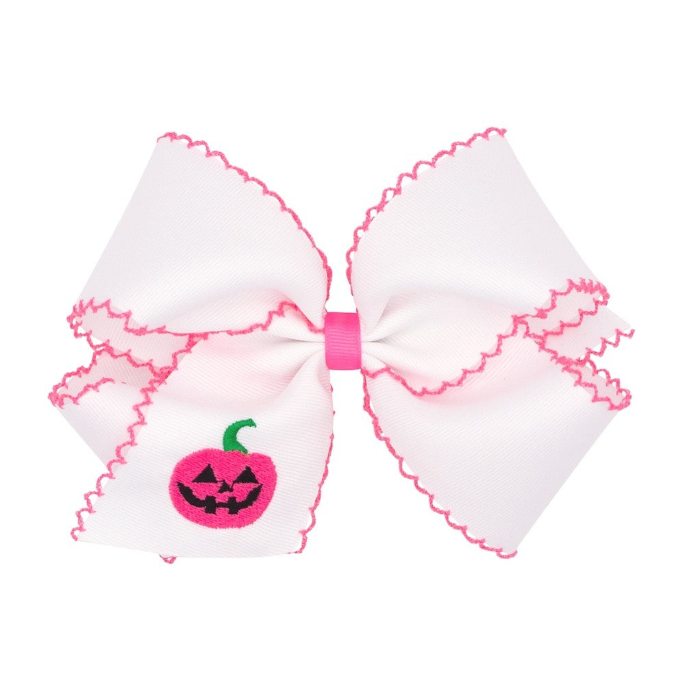 Wee Ones Girls Hair Bow on Clip - Embroidered Pink Halloween Jack O'Lantern on White