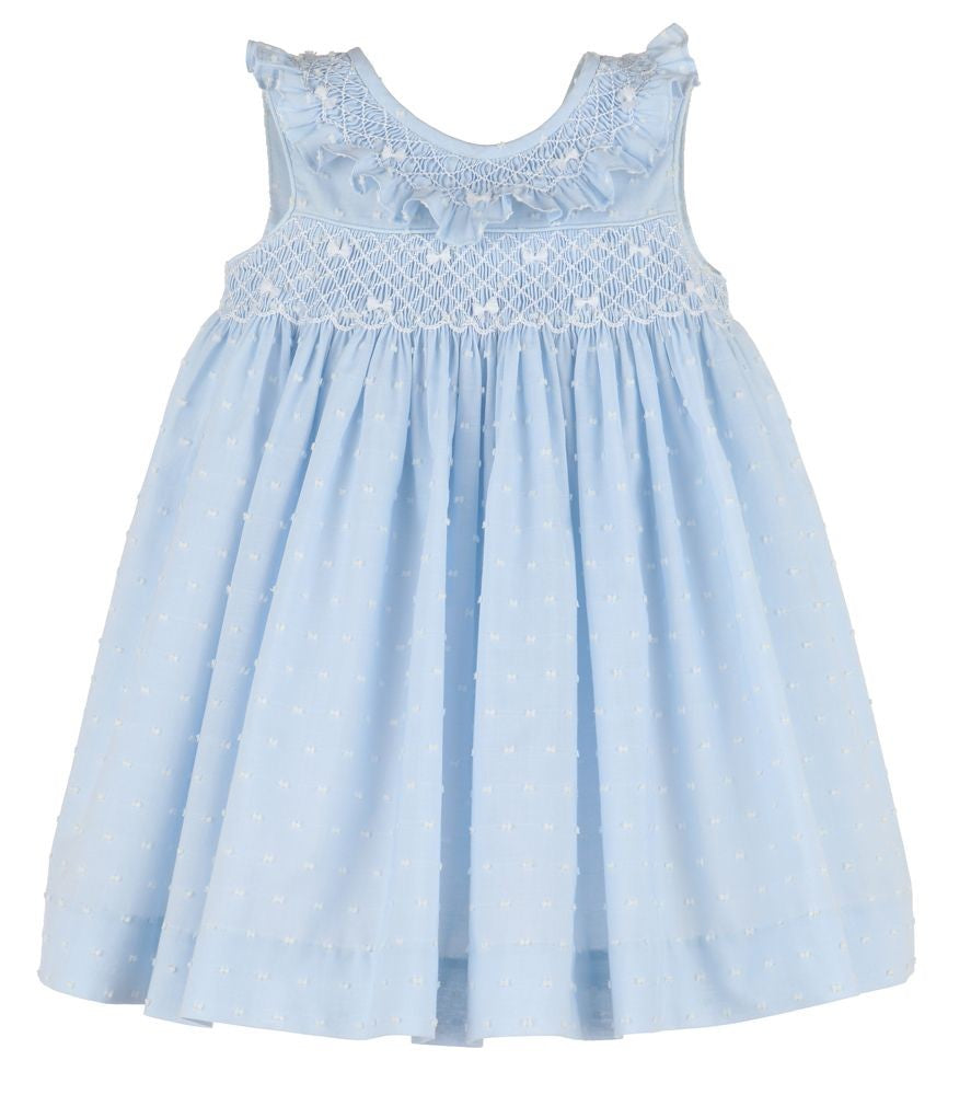 Luli & Me Girls Blue Dotted Swiss Sleeveless Smocked Dress - Smocked Collar