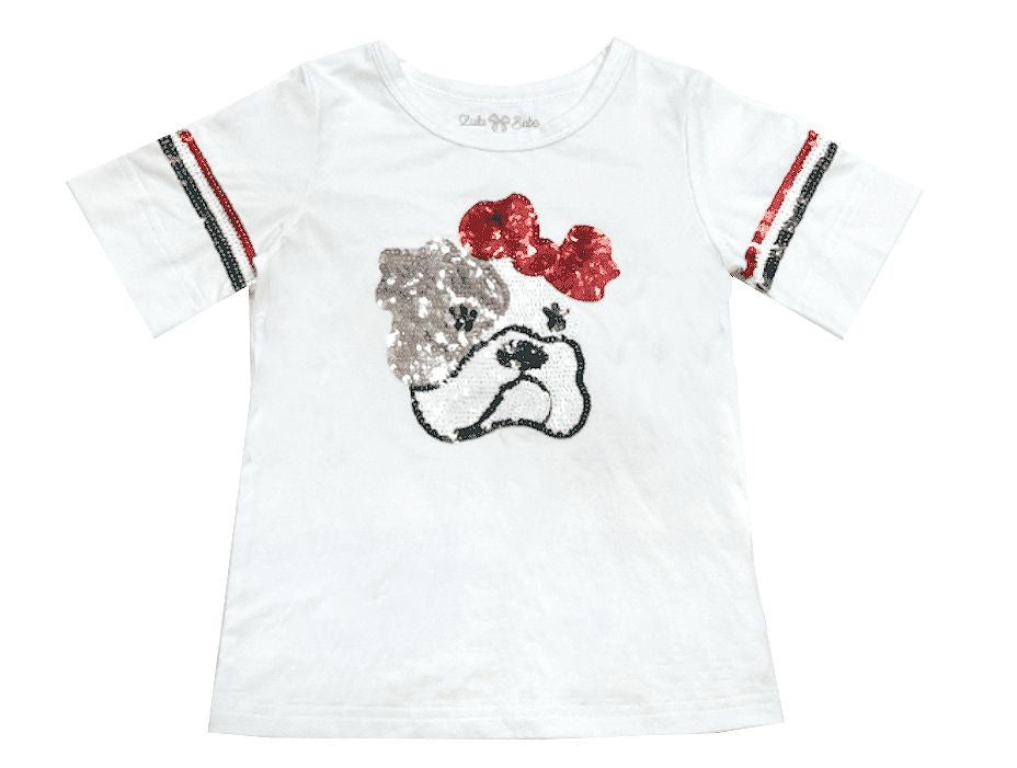 LuLu BeBe Girls White Tee Shirt - Sparkle Sequins - UGA Georgia Bulldog