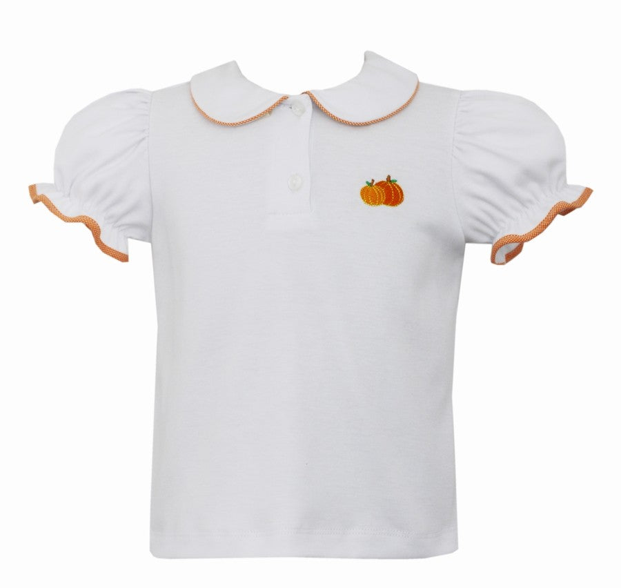 Anavini Girls Pumpkin Polo Blouse with Blue Check Embroidered Pumpkins Shorts by Anavini
