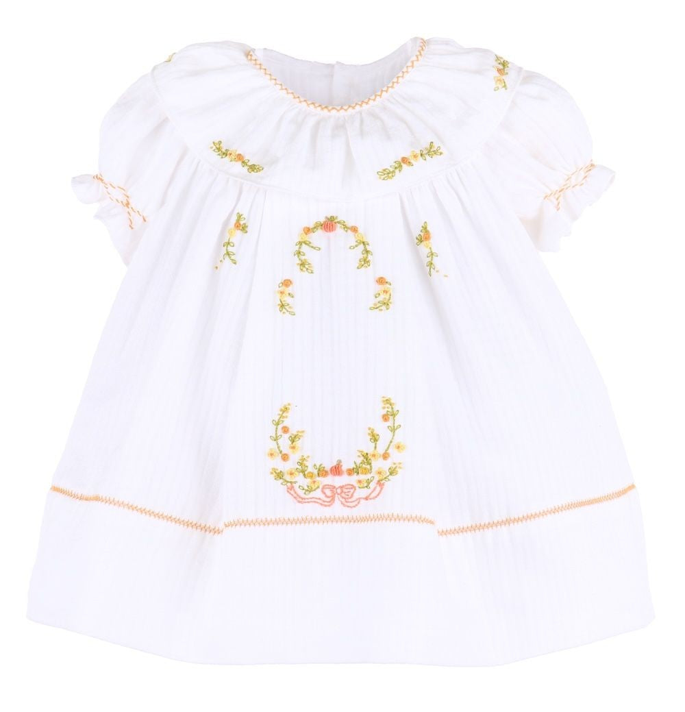 Sophie & Lucas Girls Pumpkin Embroidery Ruffle Dress - White with Orange