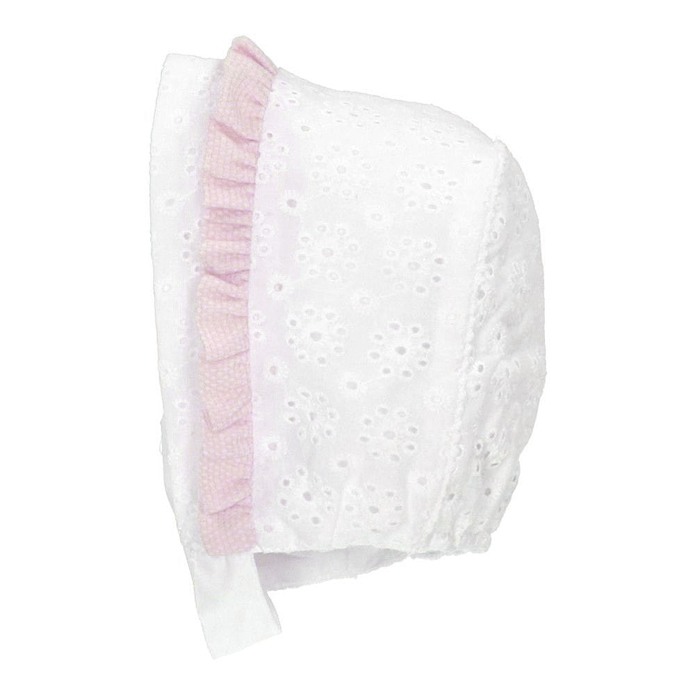 Martin Aranda Baby Girls White Eyelet Bonnet Hat - Pink Trim