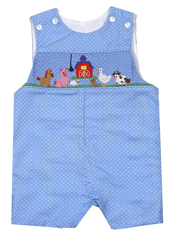 Anavini Baby Boys Blue / White Dots Smocked Farm Animals Jon Jon