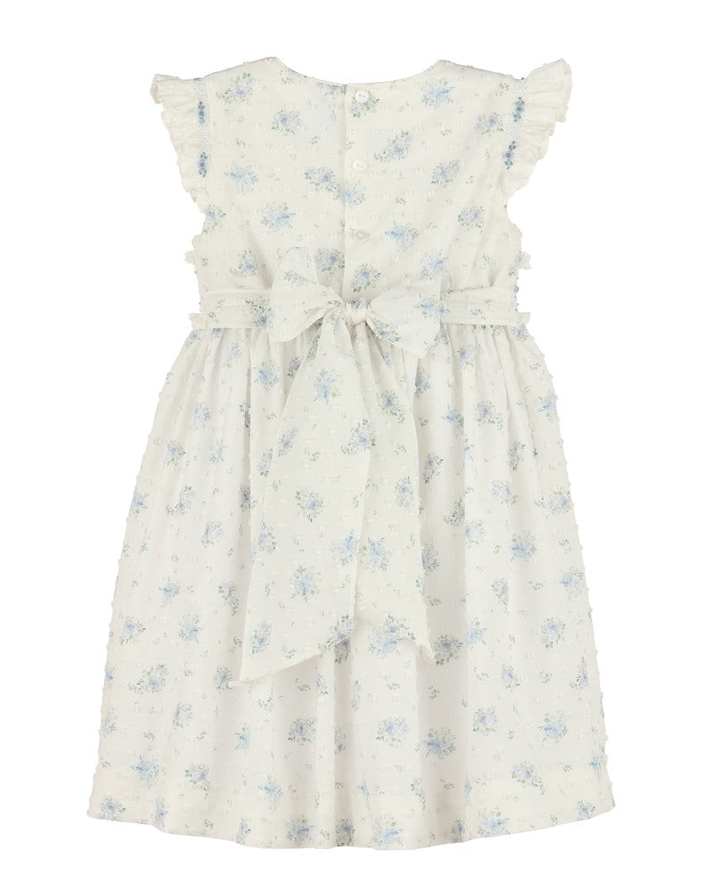 Luli & Me Girls Blue Swiss Floral Smocked Dress - Flutter Sleeves