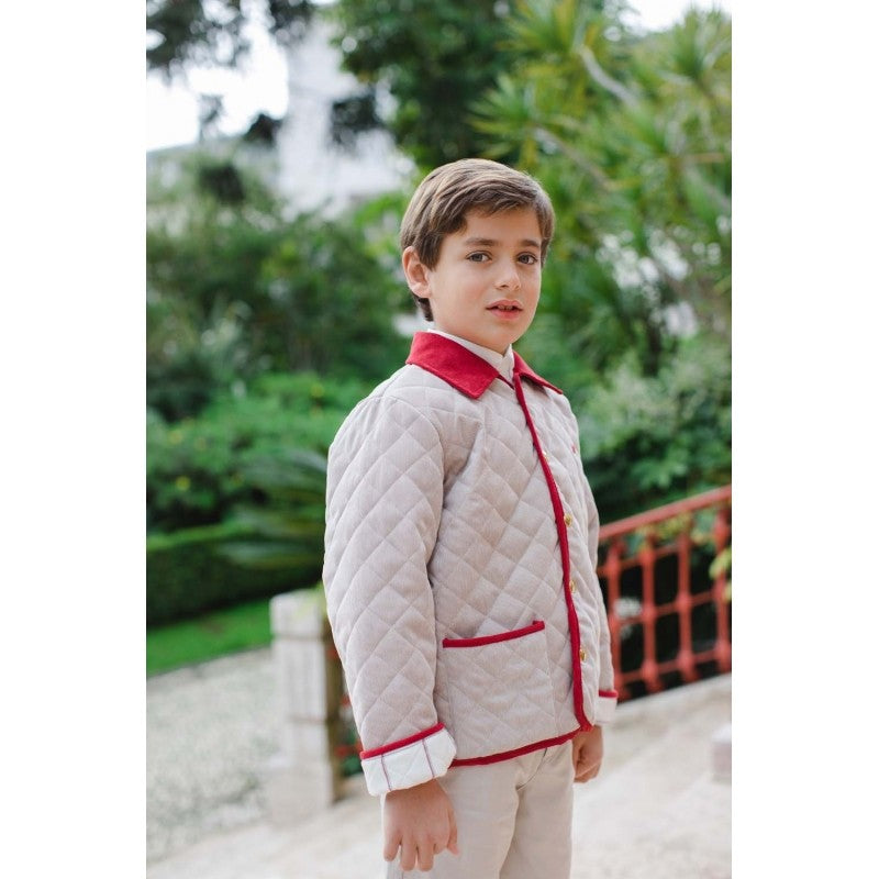 Sal & Pimenta Boys Quilted Jacket Coat - Tan Camel with Red Trim
