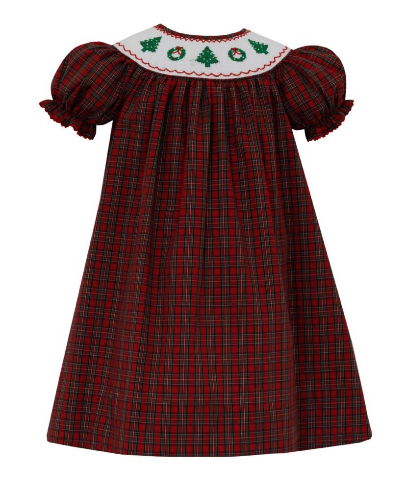Anavini Girls Red Holiday Plaid Christmas Dress - Smocked Trees & Wreaths by Anavini