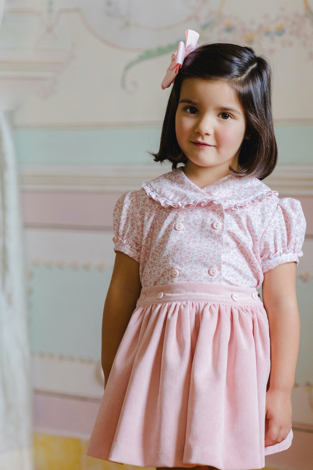 Sal & Pimenta Girls Corduroy Skirt Set - Snowflakes Floral - Pink
