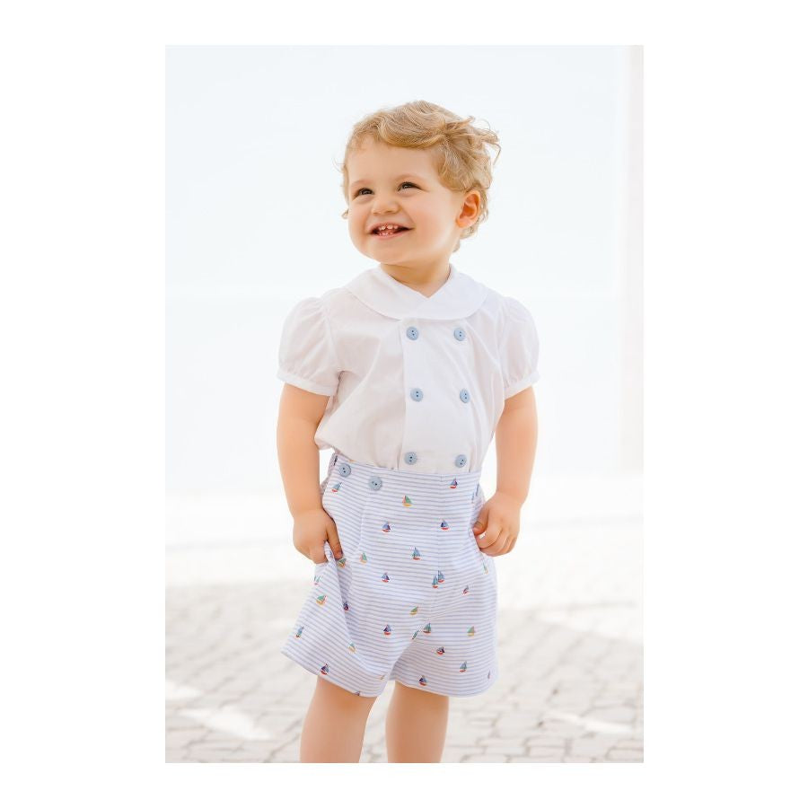Sal & Pimenta Boys Blue Nautical Button On Set - Sailor Collar