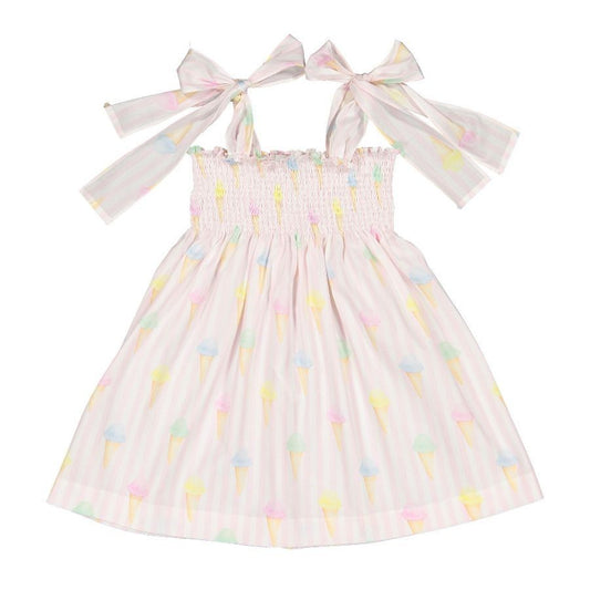 Sal & Pimenta Girls Pink Ice Creams Smocked Sun Dress - Ties at Shoulders