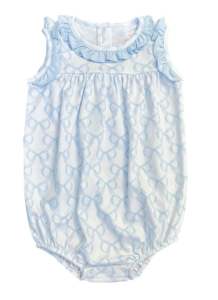 James & Lottie Baby Girls Rosie Bubble - Blue Put a Bow on It Print