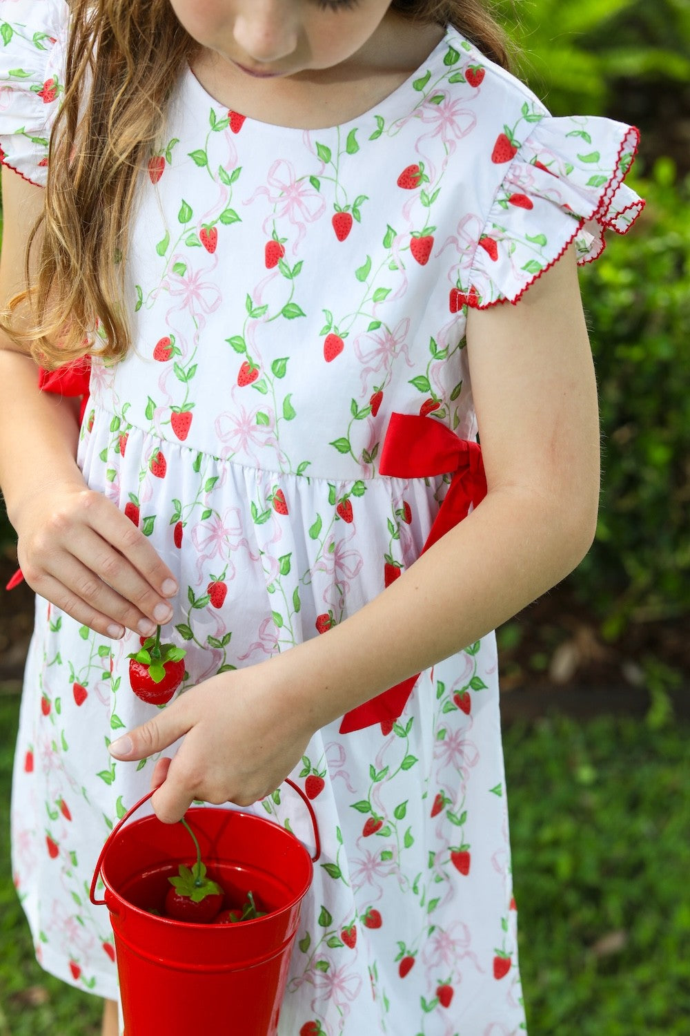 Trotter Street Kids Girls Pink Pick of the Patch Strawberry Woven Dress - Red Side Bows