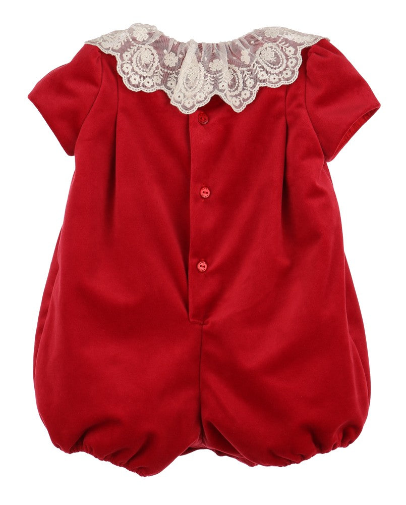 Luli & Me Girls Dressy Velvet Bubble with Lace Collar - Red