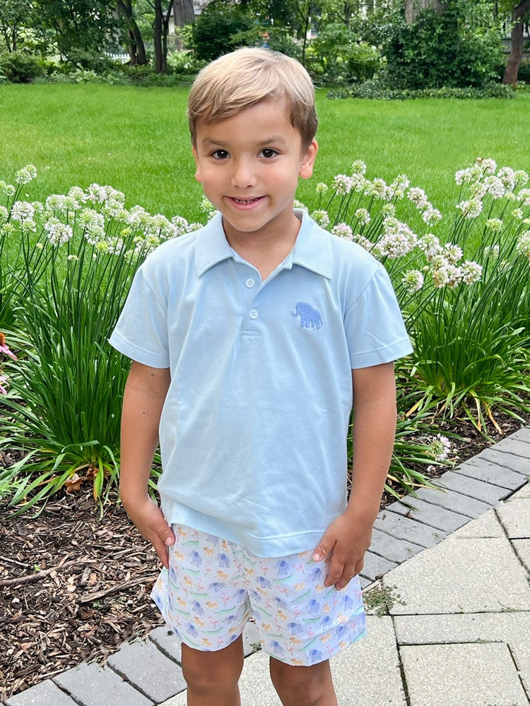 James & Lottie Boys Conrad Shorts - Blue Zoo-pendous Zoo Animals by James & Lottie