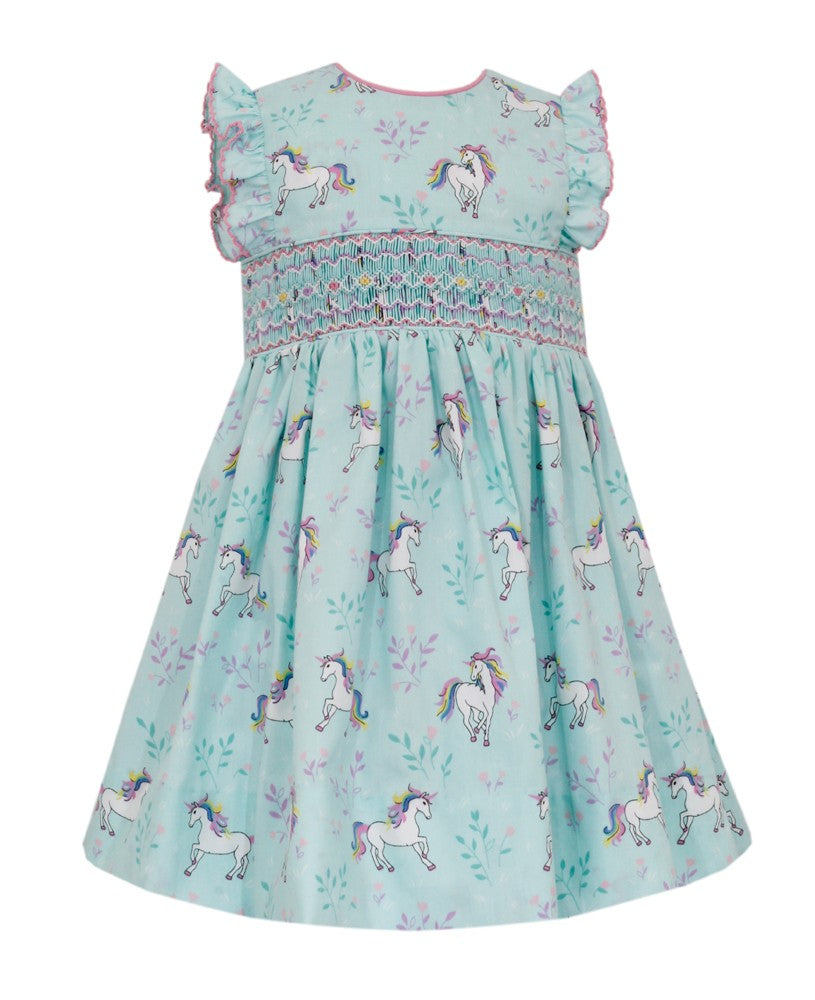Petit Bebe Toddler Girls Aqua Unicorns Print Smocked Dress