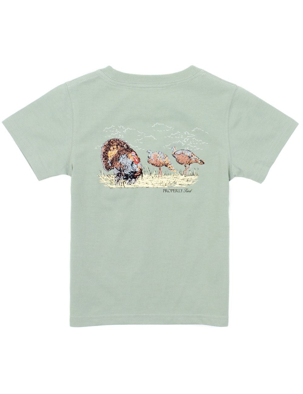 Properly Tied T-Shirt - Logo Pocket on Front - Graphic on Back - Turkey Hunt on Sage Green