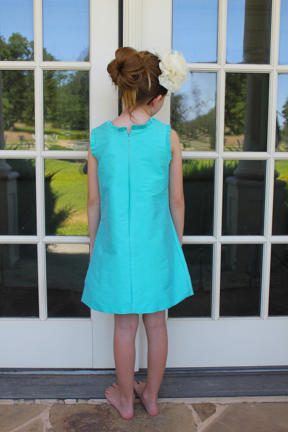 Susanne Lively Girls Party Dress - Capri Blue - Ruffle Neck A-Line