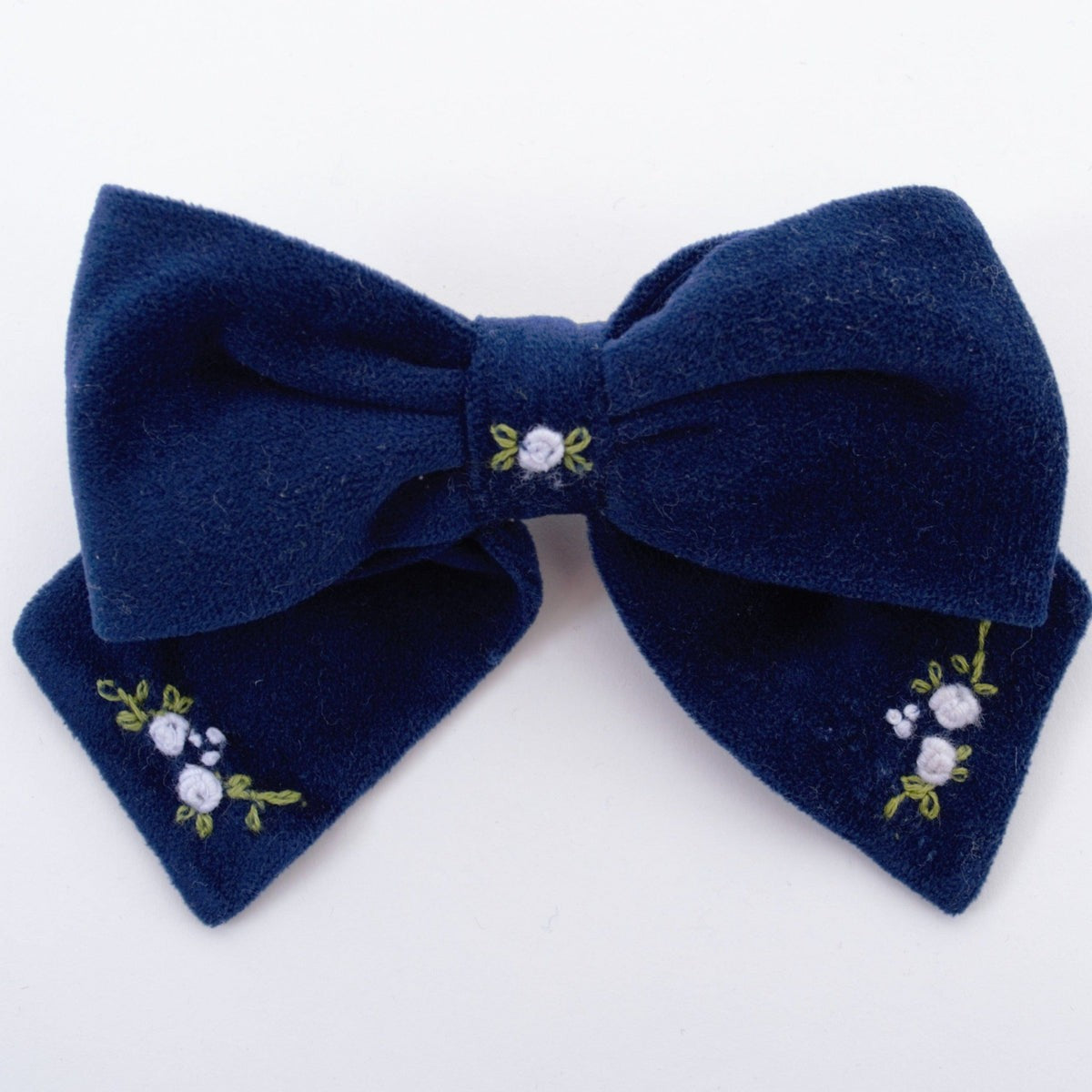 Kidiwi France Girls Velvet Hair Bow - Embroidered - Navy Blue / Green / Red by Kidiwi