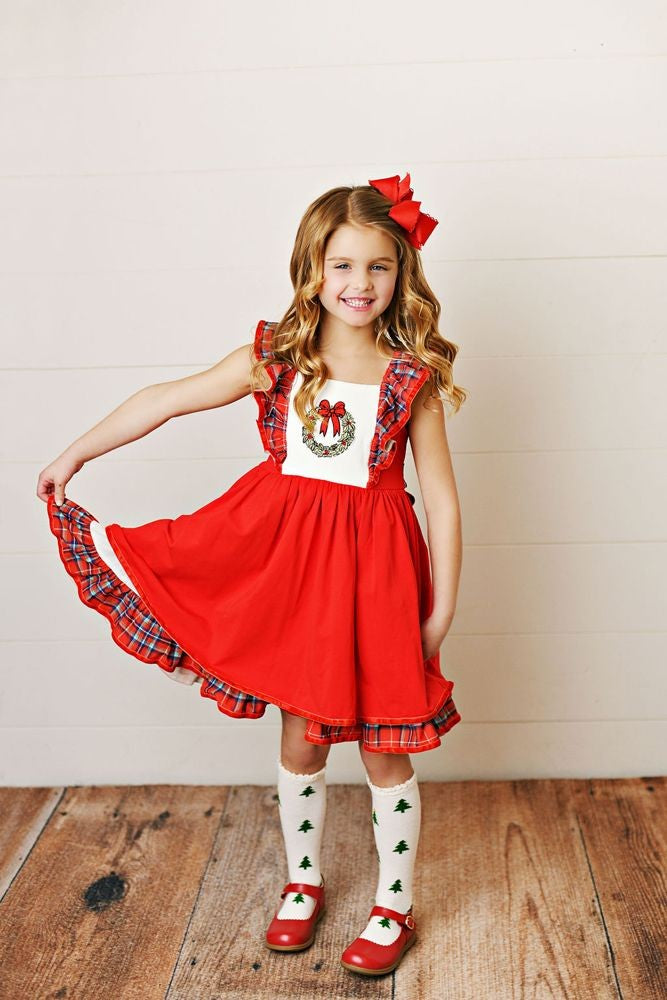 Swoon Baby Girls Red Pinafore Christmas Wreath Dress